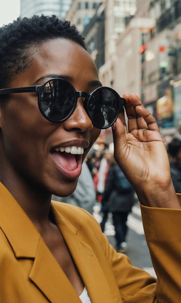 A woman smiling on a street, holding her sunglasses.