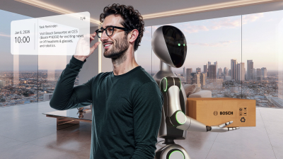 Man with smart glasses and robot with package