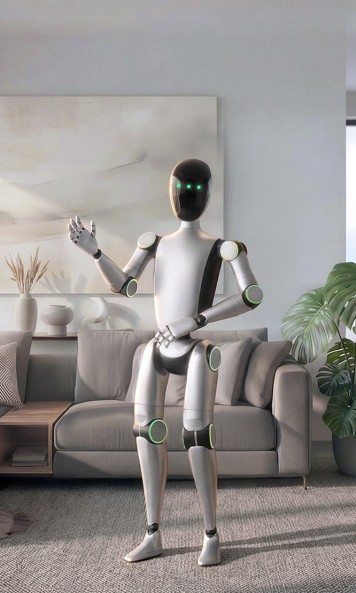 A robot standing in a living room, waving at the camera.